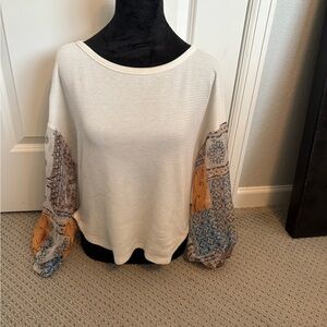 Women's Cream and Multicolor Patchwork Sheer Sleeve Top